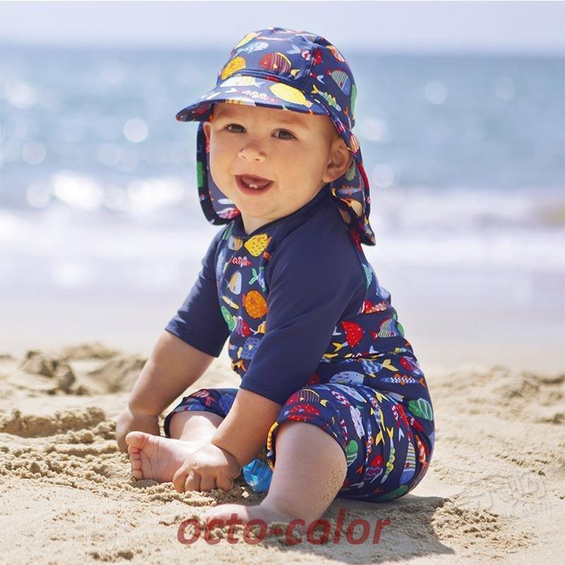 ベビー水着 男の子 水着 キッズ 2点セット 女の子 子供服 魚柄 サロペット 長袖 ロンパース 帽子付き オールインワンプール ビーチ 夏 海水浴 紫外線対策 人気ブランド