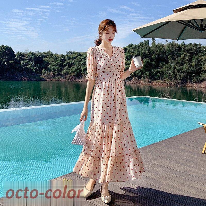 ロングワンピース レディース ドット柄 きれいめ マキシワンピース 夏服 コーデ 21新作 半袖 Vネック カジュアルワンピ Aライン ワンピース 代 30代 40代 8tf3mfslu5 ワンピース チュニック Multisac Care Pt