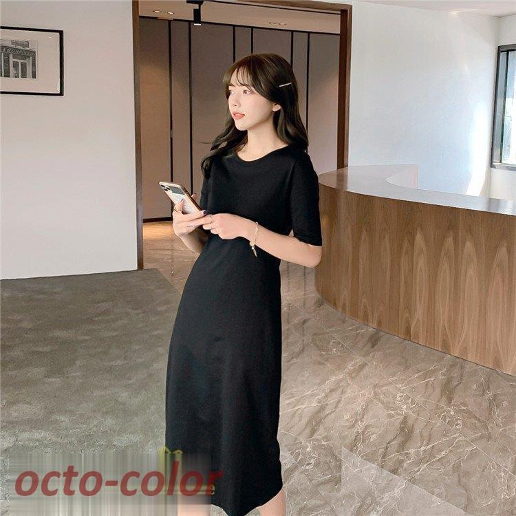 春のコレクション 夏コーデ 定番 カジュアルワンピ クルーネック 細身 着痩せ ヒップアップ 5分袖 Tシャツ 無地 ひざ丈 レディース ワンピース 21新作 夏着 フェミニン 通勤通学 ワンピース サイズ L Leauduvalenciennois Fr