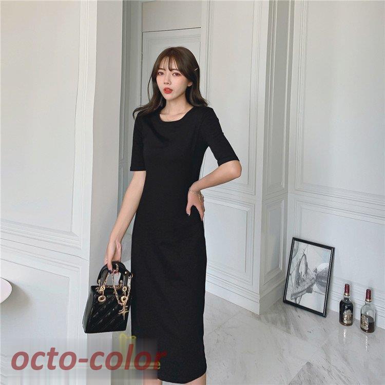 春のコレクション 夏コーデ 定番 カジュアルワンピ クルーネック 細身 着痩せ ヒップアップ 5分袖 Tシャツ 無地 ひざ丈 レディース ワンピース 21新作 夏着 フェミニン 通勤通学 ワンピース サイズ L Leauduvalenciennois Fr