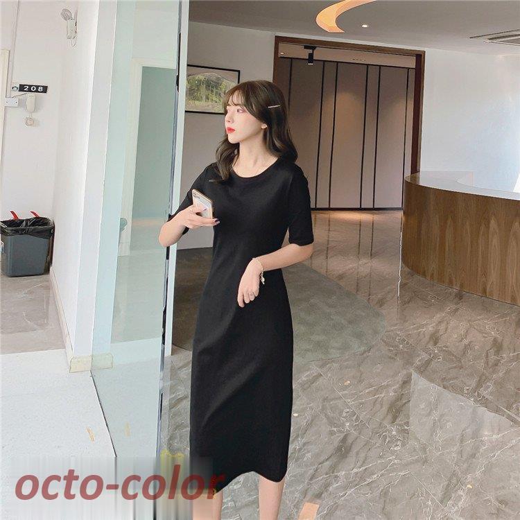 春のコレクション 夏コーデ 定番 カジュアルワンピ クルーネック 細身 着痩せ ヒップアップ 5分袖 Tシャツ 無地 ひざ丈 レディース ワンピース 21新作 夏着 フェミニン 通勤通学 ワンピース サイズ L Leauduvalenciennois Fr