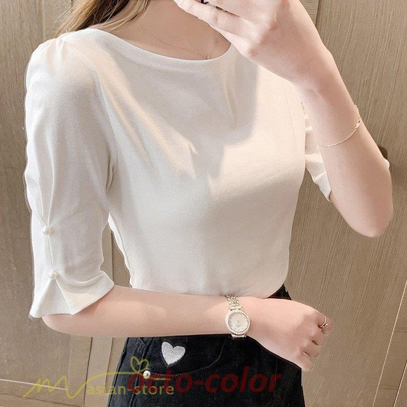 Tシャツ レディース 半袖 5分袖 着痩せ 無地 飾り クルーネック 丸首 ボートネック お出かけ カジュアル 夏コーデ 新作 夏服 日常感 韓国風 おしゃれ 7m3cfc2qxy Enislamargarita Com