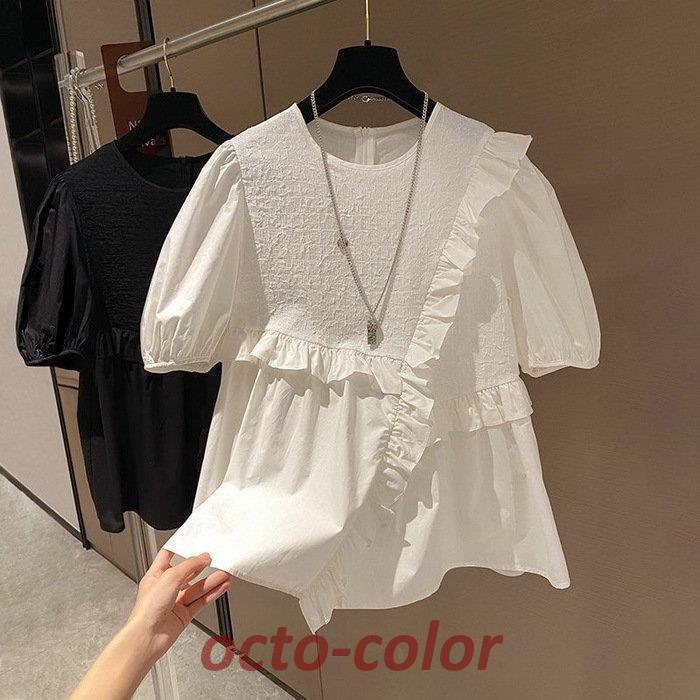 ブラウス レディース 40代 春夏新作 オシャレブラウス 白シフォンブラウス パフスリーブブラウス 上品 半袖トップス 韓国風 大人 通勤 OL ゆったりシャツ 30代
