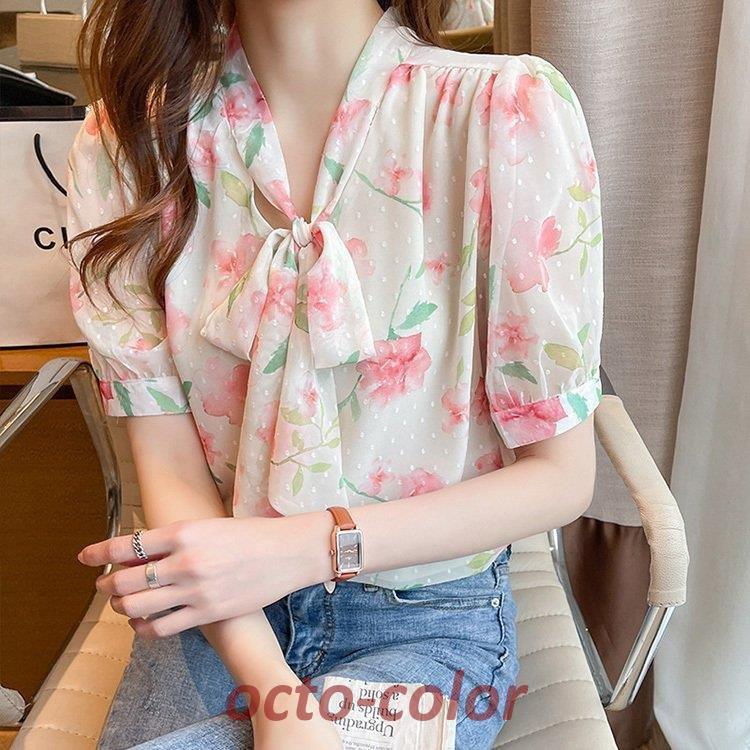 ブラウス レディース 40代 春夏新作 オシャレブラウス 花柄シフォンシャツ 半袖トップス リボンVネック パフスリーブブブラウス上品 大人 通勤OL ゆったりシャツ
