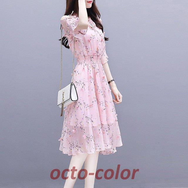 【極美品】トッカ 花柄フリルワンピース シフォン Aラインシルエット ピンク 2 極美品】トッカ 花柄フリルワンピース シフォン Aライン