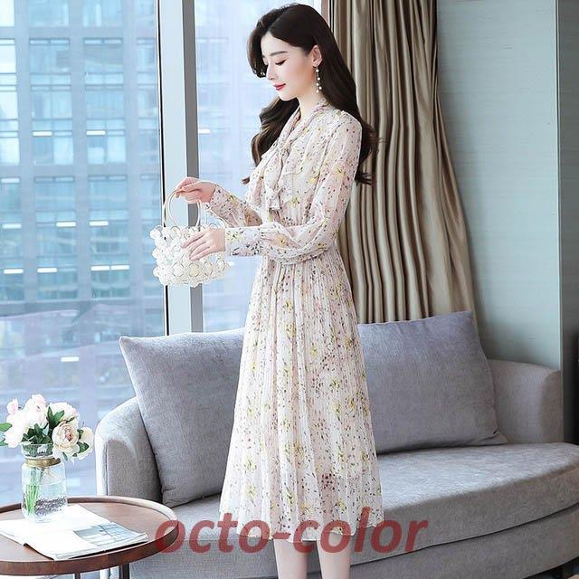 長袖 シフォンワンピース ミモレ丈 ロングワンピース 20代 30代 40代 A