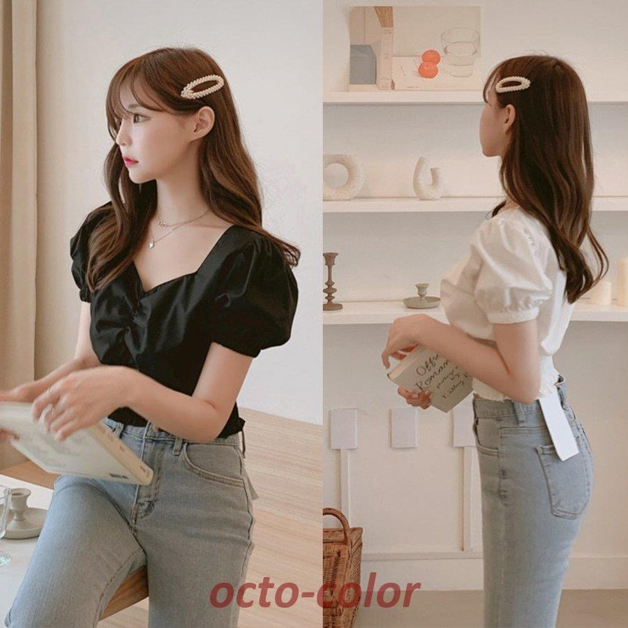 ブラウス レディース パフスリーブ トップス Vネック 胸元