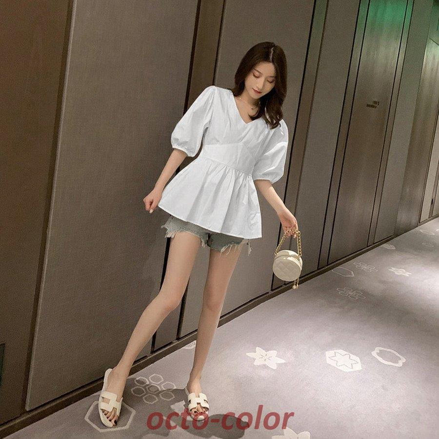 Vネック へプラム ブラウス レディース パフスリーブ トップス