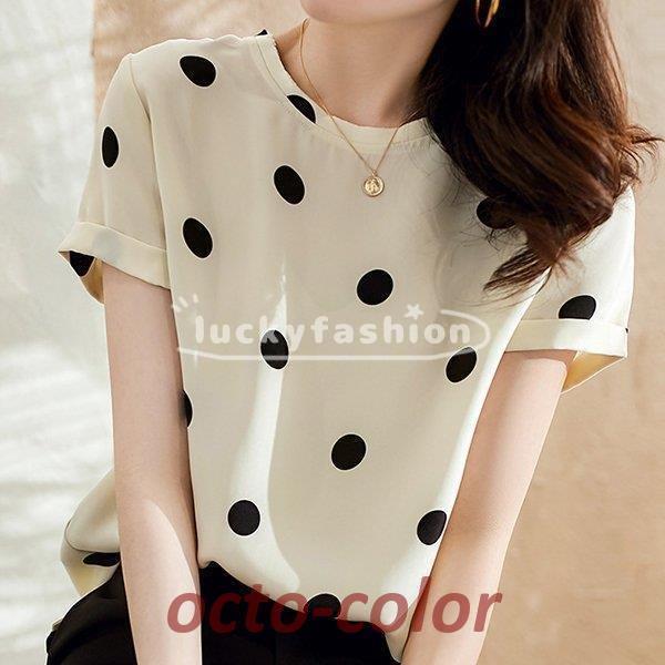 Tシャツ レディース 半袖 安い おしゃれ 韓国風 夏 40代 きれいめ トップス 半袖tシャツ ブラウス ドット柄 カジュアル 体型カバー 大きいサイズ 着痩せ 新品