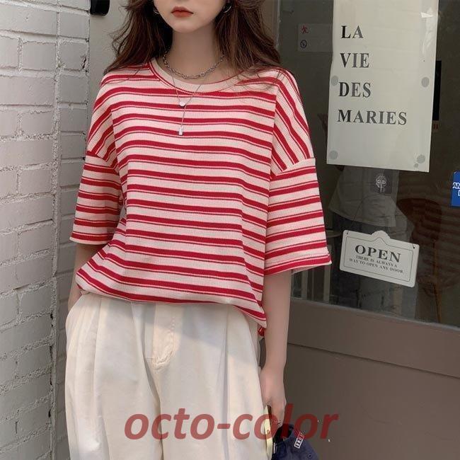 Tシャツ ゆったり レディース カットソー ボーダー柄 半袖Tシャツ クルーネック 夏 5分丈袖Tシャツ サマーTシャツ レトロ 丸首 トップス