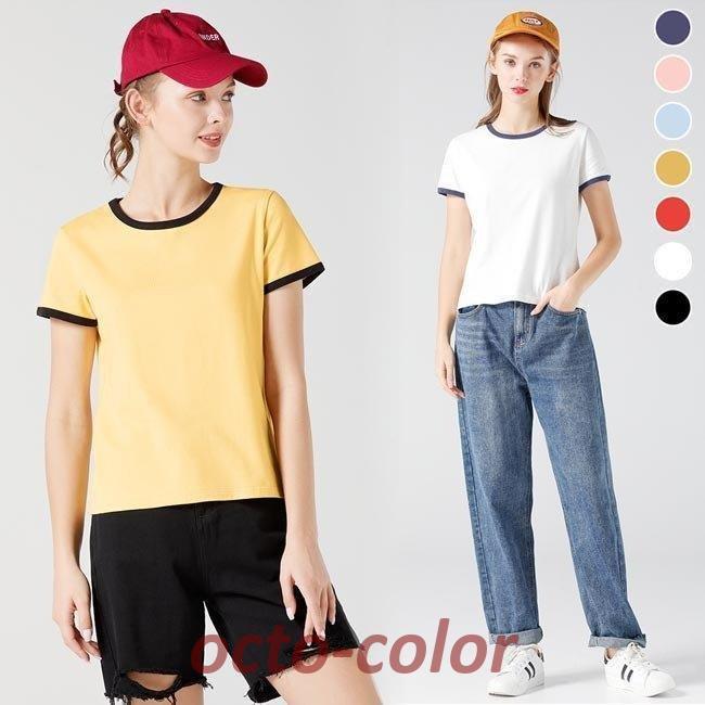 半袖Tシャツ レディース Tシャツ 夏 カットソー バイカラー ラウンドネック サマーTシャツ 半袖 コットン 夏Tシャツ 爽やか トップス