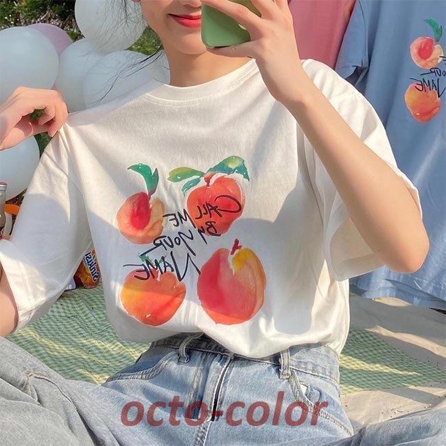 Tシャツ 半袖 レディース 夏Tシャツ ゆったり フルーツ柄 カットソー クルーネック サマーTシャツ ホワイト レディースTシャツ ピンク ブルー
