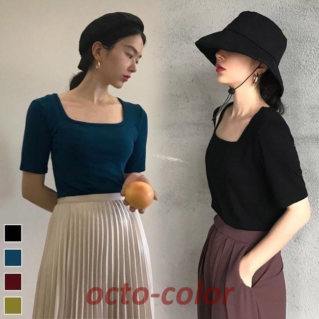 Tシャツ レディース 半袖Tシャツ スクエアネック スリムTシャツ 無地 タイトTシャツ 夏 カットソー 半袖 サマーTシャツ レトロ トップス 薄手