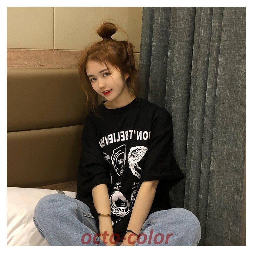 Tシャツ レディース 半袖 夏 ゆるい トップス 韓国ファッション 原宿系 BF風 ヒップホップ ダンス おしゃれ ストリート風 カジュアル｜octo-color｜06