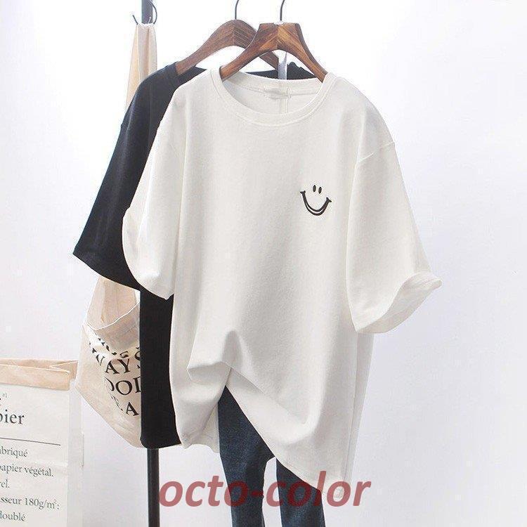 Tシャツ レディース きれいめ 40代 春夏 上品 半袖Tシャツ ブラウス 綿 白トップス 笑顔 オシャレ 韓国風 ゆったりカットソー 大きいサイズ  Tシャツ  2色