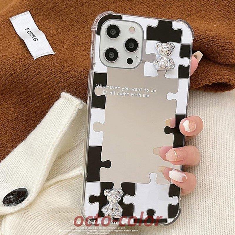 iphone13 ケース 韓国 PC ミラー 鏡 パズル モノクロ シンプル