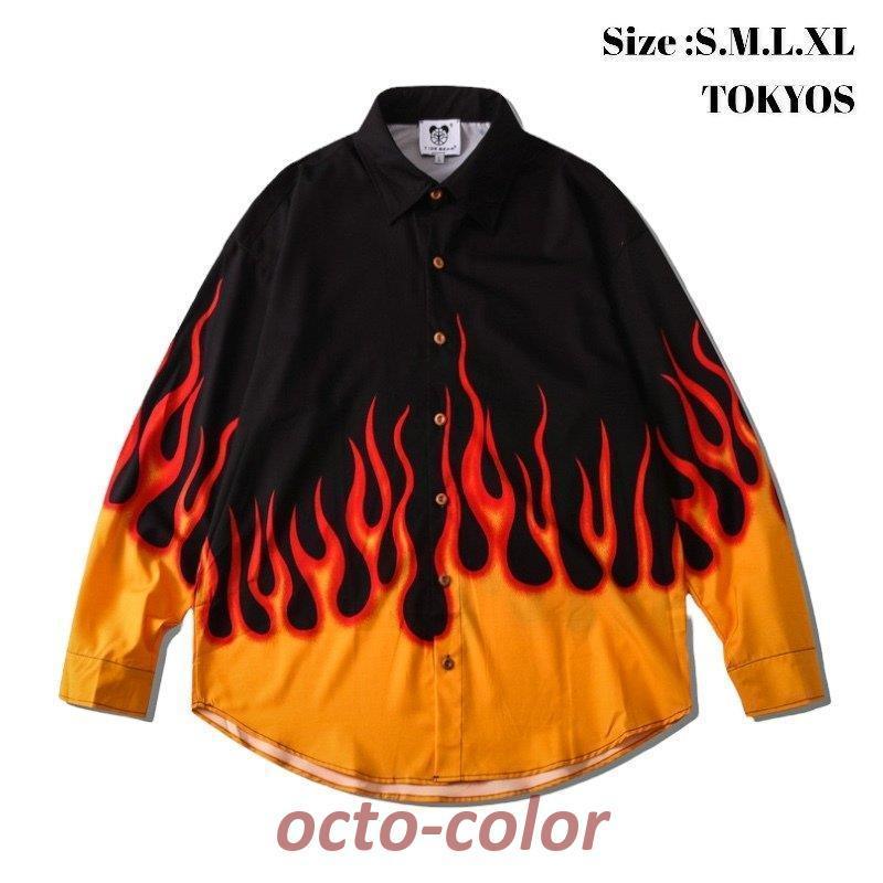 シャツ メンズ 長袖 大きい ストリート系ファッション 春夏 卸 ダンス 衣装 韓国 HIPHOP B系 アメカジ レディース 炎 柄 カジュアル l