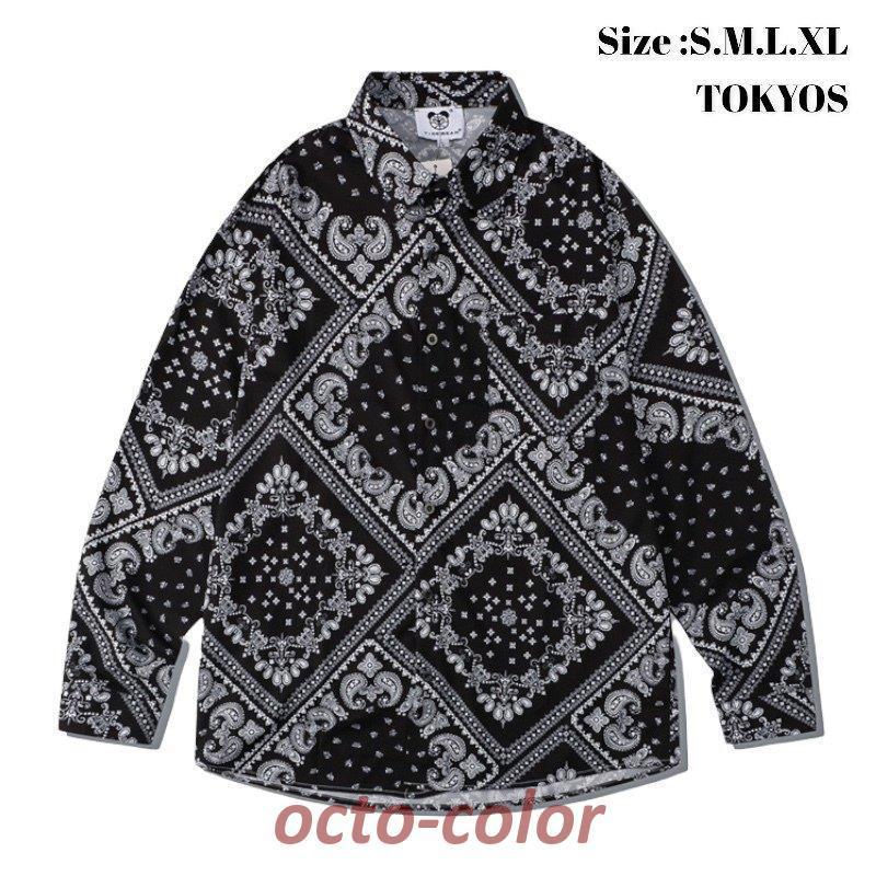 シャツ メンズ 長袖 大きい ストリート系ファッション 春夏 卸 ダンス 衣装 韓国 HIPHOP B系 アメカジ レディース ペイズリー 柄 ロゴ カジュアル