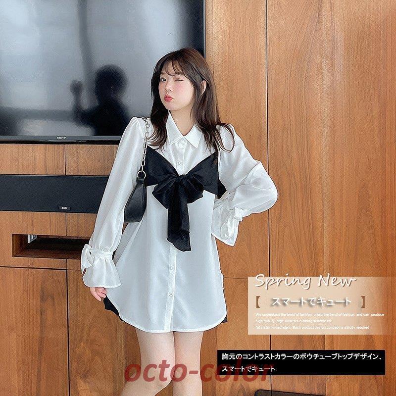 2022年 春 新商品 韓国風 大きいサイズ 婦人服 プラスファット フロントチェス レースアップシャツ