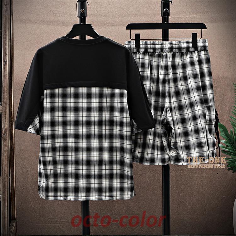 チェック柄半袖Tシャツ短パン3色セット 上下セット メンズ セットアップ チェック柄 半袖シャツ ハーフ