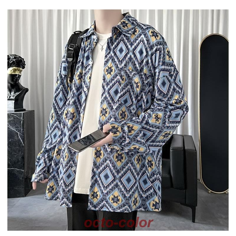 シャツ メンズ 大きいサイズ 長袖 ビッグシルエット 幾何学柄