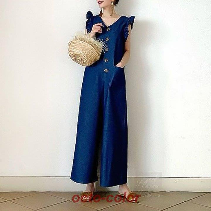 フェリシモ 大きいサイズ オールインワン つなぎ デニム フリルがかわいい MEDE19F】Boutique888さんコラボ フリル遣いのデニム