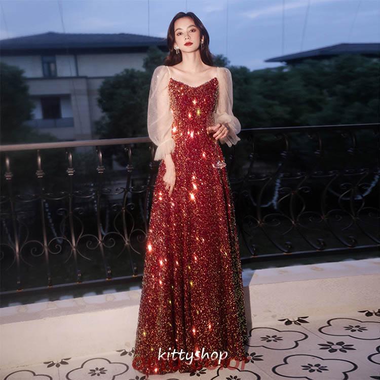 結婚式ドレス 二次会ドレス ワイン赤 ロング丈 キラキラ 結婚式ドレス 二次会ドレス ワイン赤 ロング丈 キラキラ