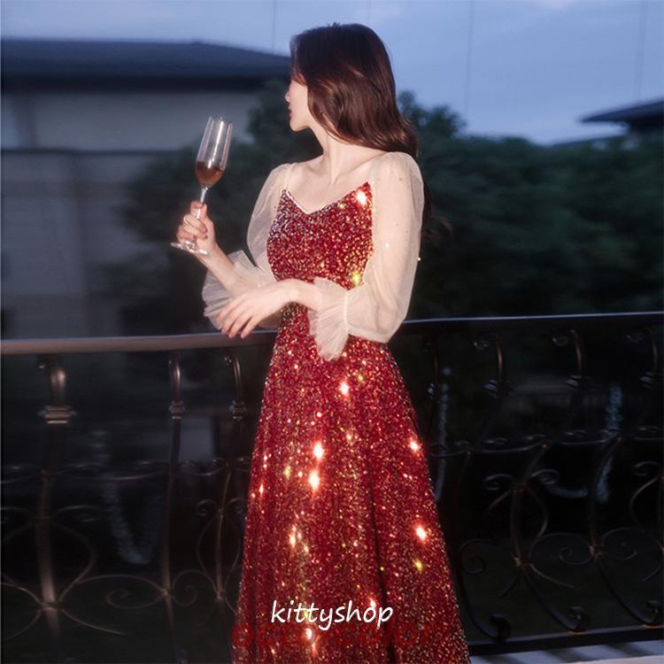 結婚式ドレス 二次会ドレス ワイン赤 ロング丈 キラキラ
