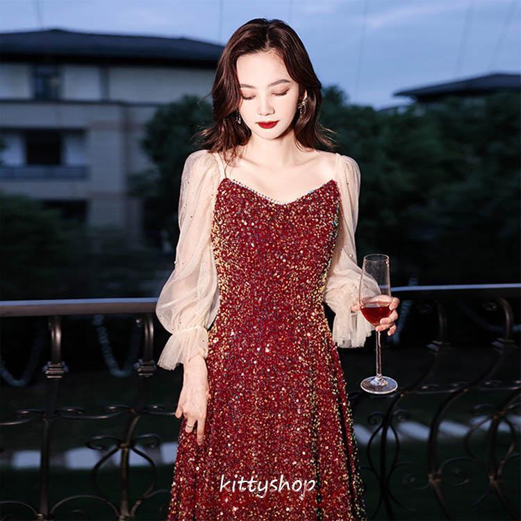 結婚式ドレス 二次会ドレス ワイン赤 ロング丈 キラキラ 結婚式ドレス 二次会ドレス ワイン赤 ロング丈 キラキラ