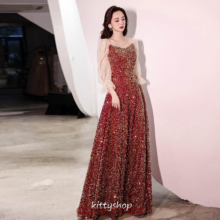 結婚式ドレス 二次会ドレス ワイン赤 ロング丈 キラキラ 結婚式ドレス 二次会ドレス ワイン赤 ロング丈 キラキラ