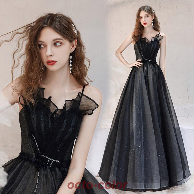 イブニングドレス 黒 ロングドレス キャミドレス ブラック 発表会ドレス 演奏会ドレス チュール パーティードレス 二次会ドレス お呼ばれドレス ロング Aライン | ブランド登録なし