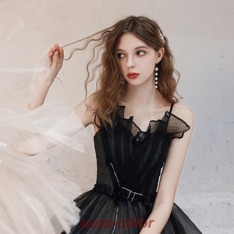 イブニングドレス 黒 ロングドレス キャミドレス ブラック 発表会ドレス 演奏会ドレス チュール パーティードレス 二次会ドレス お呼ばれドレス ロング Aライン | ブランド登録なし | 03