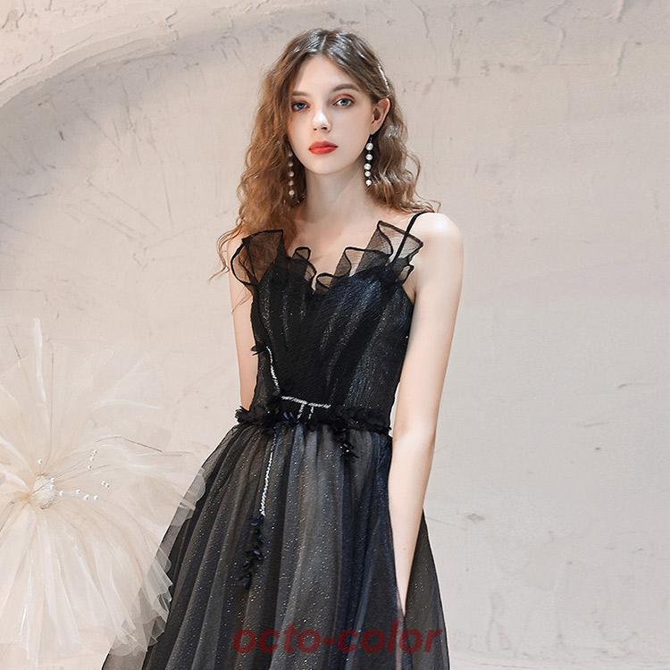 イブニングドレス 黒 ロングドレス キャミドレス ブラック 発表会ドレス 演奏会ドレス チュール パーティードレス 二次会ドレス お呼ばれドレス ロング Aライン | ブランド登録なし | 06