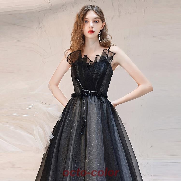 イブニングドレス 黒 ロングドレス キャミドレス ブラック 発表会ドレス 演奏会ドレス チュール パーティードレス 二次会ドレス お呼ばれドレス ロング Aライン | ブランド登録なし | 07