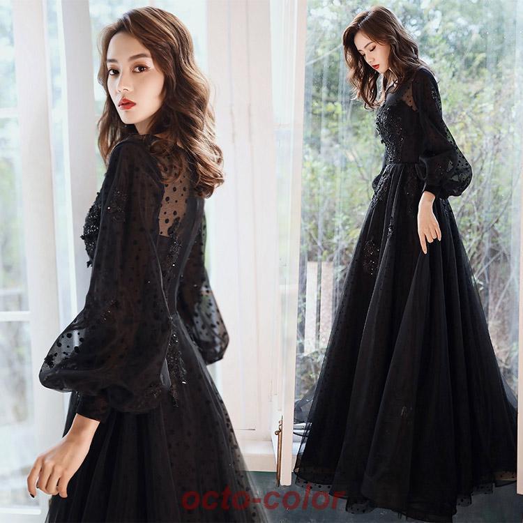 イブニングドレス ロングドレス 黒 パフスリーブ 長袖 発表会ドレス ブラック キラキラ スパンコール 花柄 ビーズ キレイめ パーティードレス Aライン 演奏会 | ブランド登録なし | 01