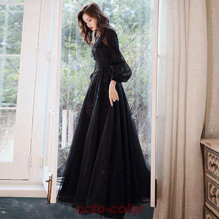 イブニングドレス ロングドレス 黒 パフスリーブ 長袖 発表会ドレス ブラック キラキラ スパンコール 花柄 ビーズ キレイめ パーティードレス Aライン 演奏会 | ブランド登録なし | 04