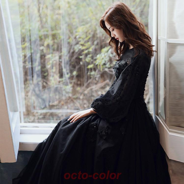 イブニングドレス ロングドレス 黒 パフスリーブ 長袖 発表会ドレス ブラック キラキラ スパンコール 花柄 ビーズ キレイめ パーティードレス Aライン 演奏会 | ブランド登録なし | 05