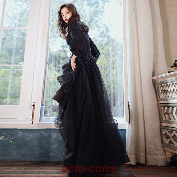 イブニングドレス ロングドレス 黒 パフスリーブ 長袖 発表会ドレス ブラック キラキラ スパンコール 花柄 ビーズ キレイめ パーティードレス Aライン 演奏会 | ブランド登録なし | 06