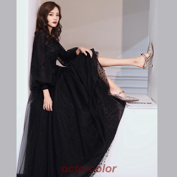 イブニングドレス ロングドレス 黒 パフスリーブ 長袖 発表会ドレス ブラック キラキラ スパンコール 花柄 ビーズ キレイめ パーティードレス Aライン 演奏会 | ブランド登録なし | 07