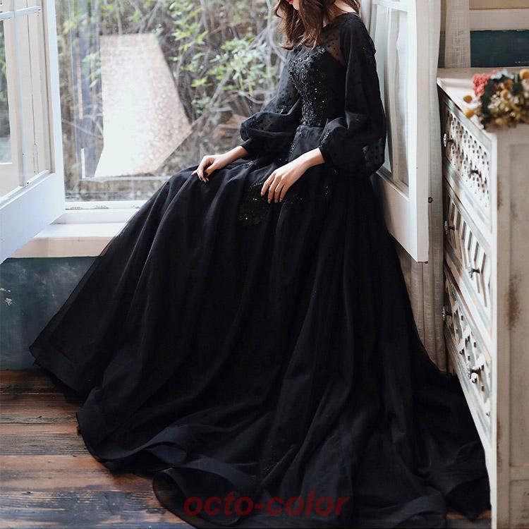 イブニングドレス ロングドレス 黒 パフスリーブ 長袖 発表会ドレス ブラック キラキラ スパンコール 花柄 ビーズ キレイめ パーティードレス Aライン 演奏会 | ブランド登録なし | 08