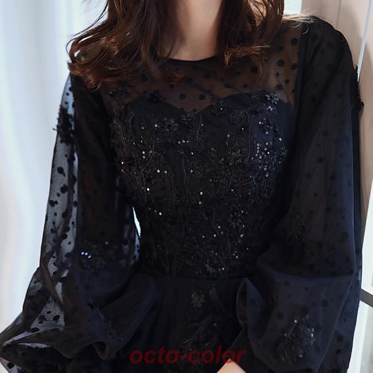 イブニングドレス ロングドレス 黒 パフスリーブ 長袖 発表会ドレス ブラック キラキラ スパンコール 花柄 ビーズ キレイめ パーティードレス Aライン 演奏会 | ブランド登録なし | 09