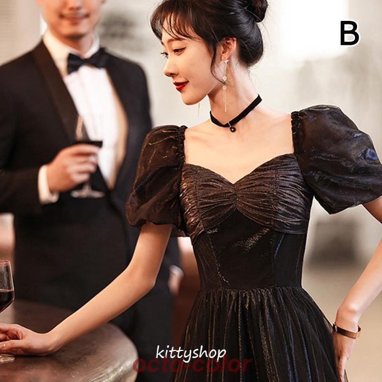 イブニングドレス ロングドレス 黒 パフスリーブ 発表会ドレス ロング丈 Aライン パーティードレス ブラック 結婚式ドレス 二次会ドレス オシャレ 演奏会ドレス | ブランド登録なし | 02