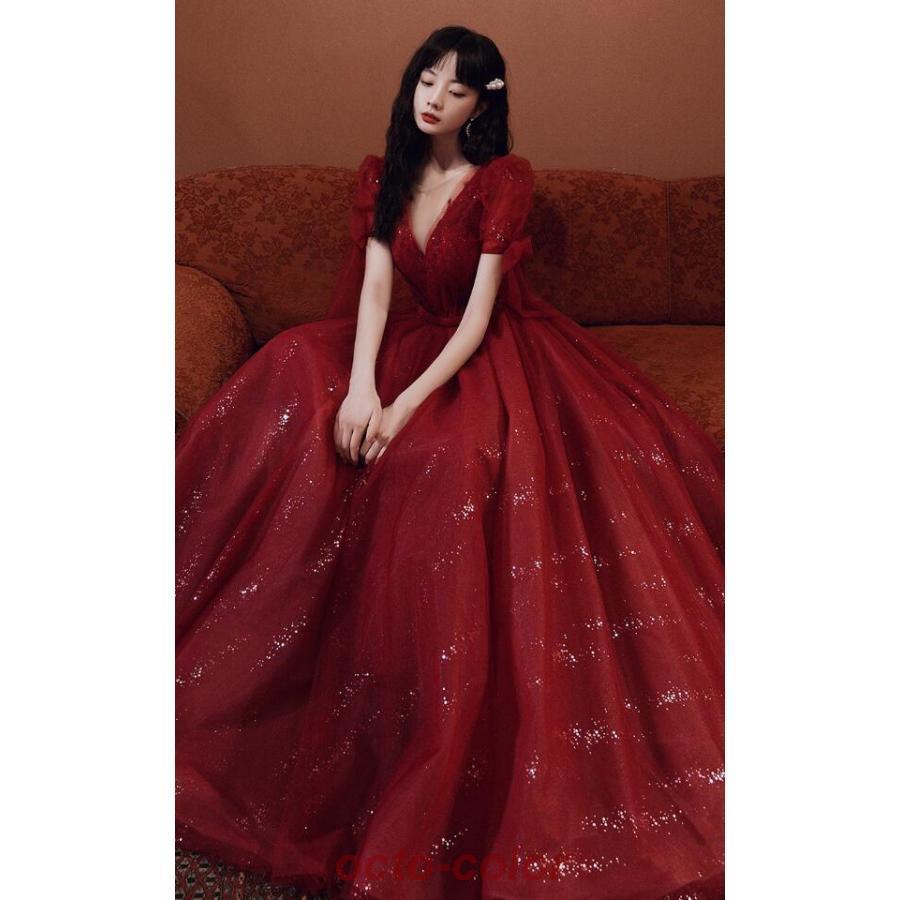 ワインレッド　スパンコール ロングドレス ワインレッドスパンコール ロングドレス