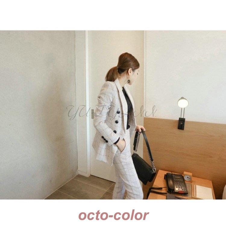 2点セット チェック柄 パンツスーツ セットアップ ダブルブレスト