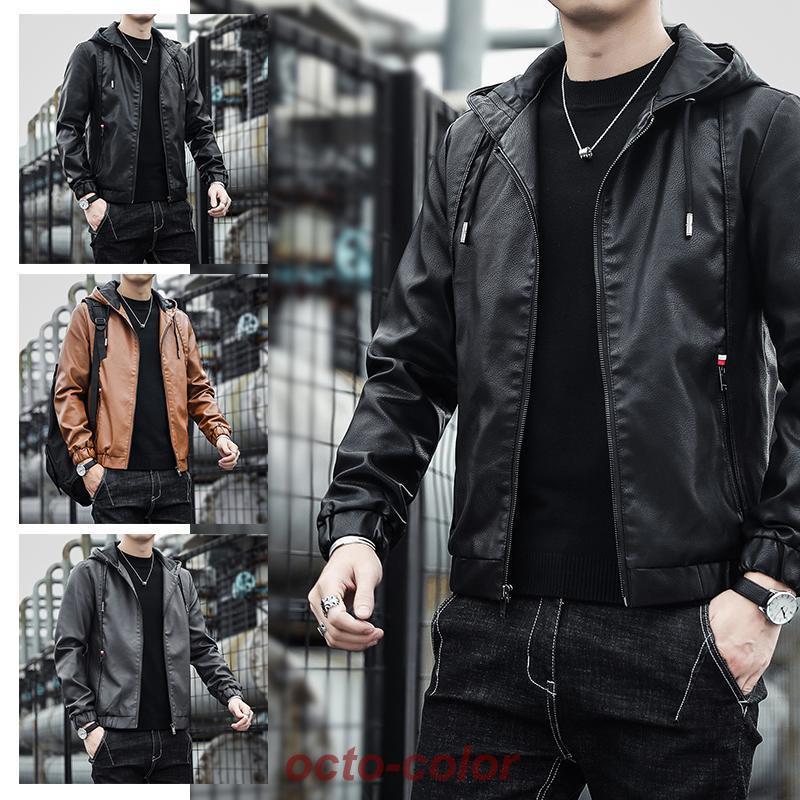 レザージャケット フード付き メンズ パーカー ジャケット PU革ジャン