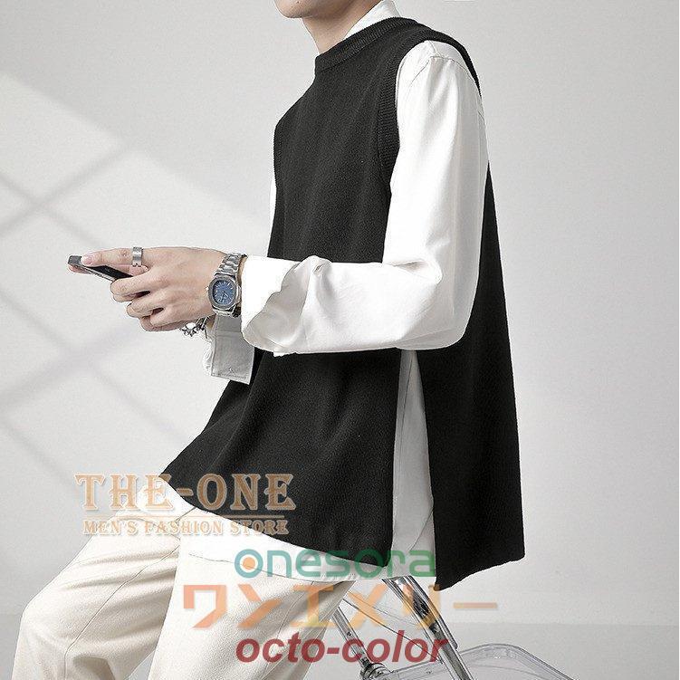 ニットベスト メンズ 秋冬 ニットソー ジレ サイドスリット 無地