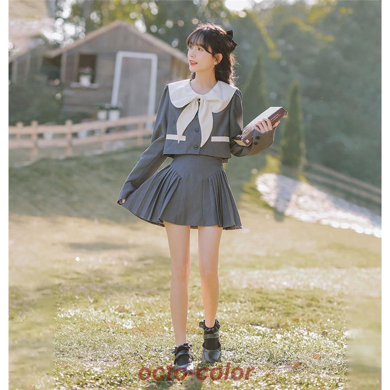 韓国 制服 上下セット 灰色 レディース なんちゃって制服 セット 女子