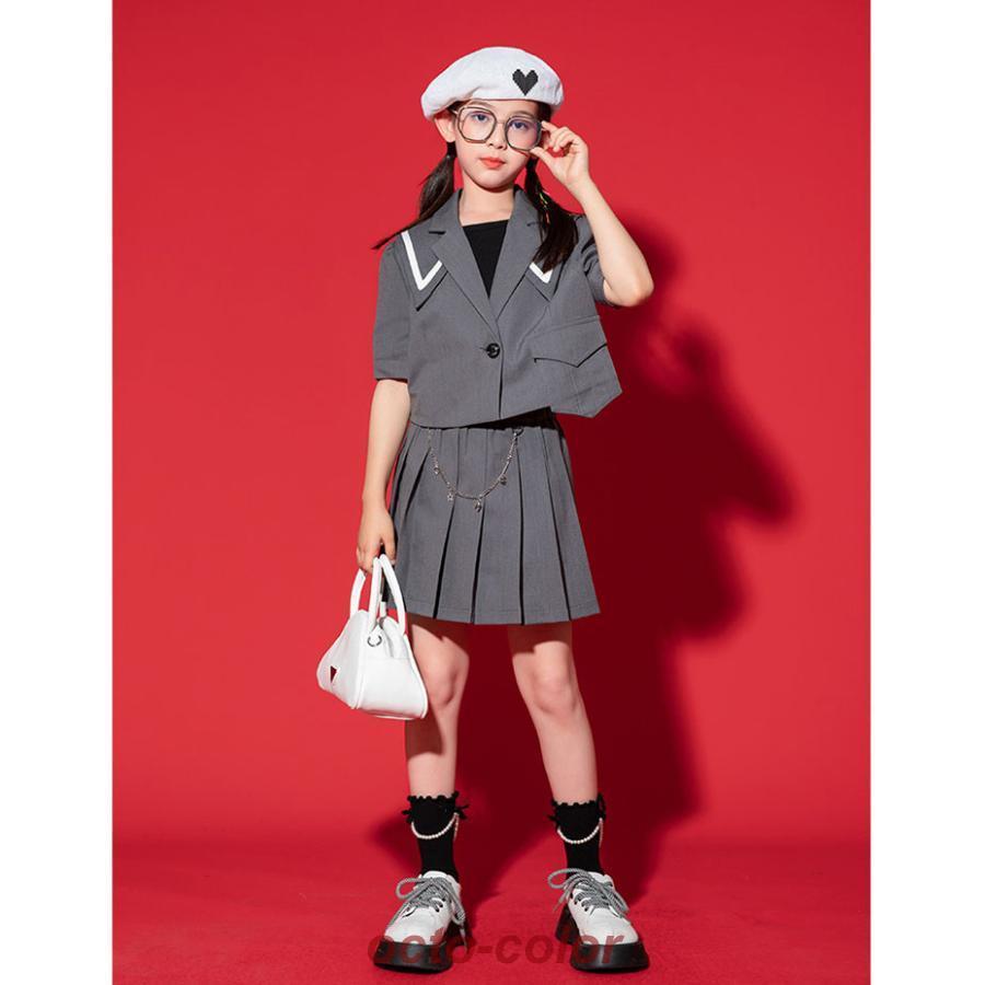 キッズ ダンス衣装 女の子 セットアップ へそ出し ブレザー 半袖 トップス 韓国 制服 ジャケット スカート  卒業式 入学式 フォーマル 無地 ス｜octo-color｜05