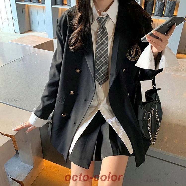 韓国 3点セット 制服風 ジャケット ネクタイ付ブラウス スカート 楽天市場】JK 制服 女の子 セットアップ 4点セット 黒 スーツ