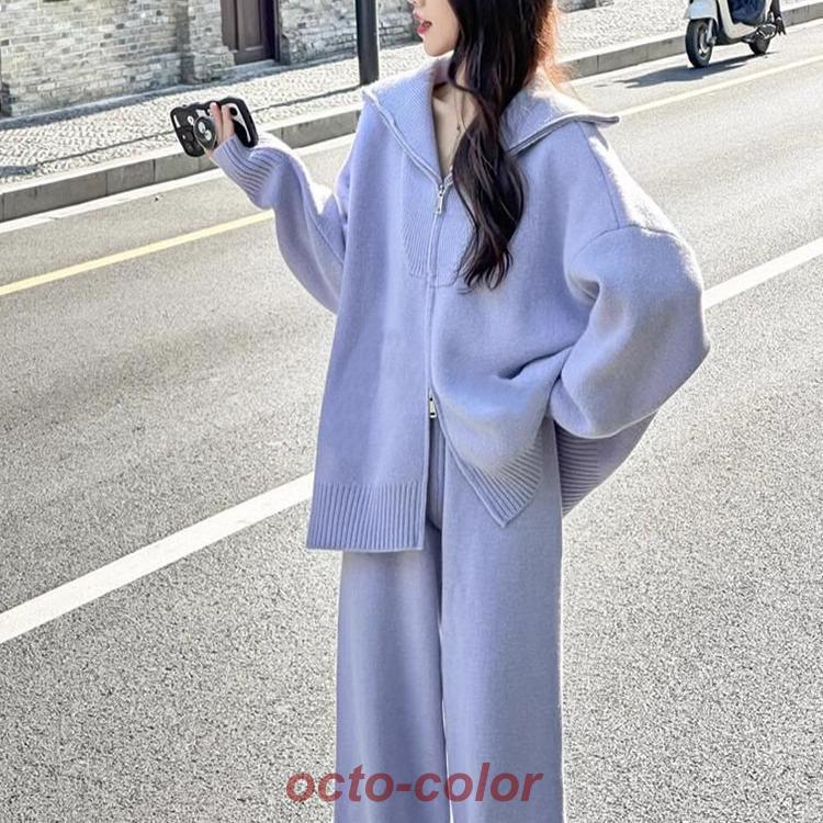 ニットセットアップ レディース ニット セットアップ 秋冬 パンツセット ワイドパンツ 無地 2点セット 長袖 ニットセーター クルーネック トップス パンツ セットアップ ニット・2点セットアップ クルーネックトップス